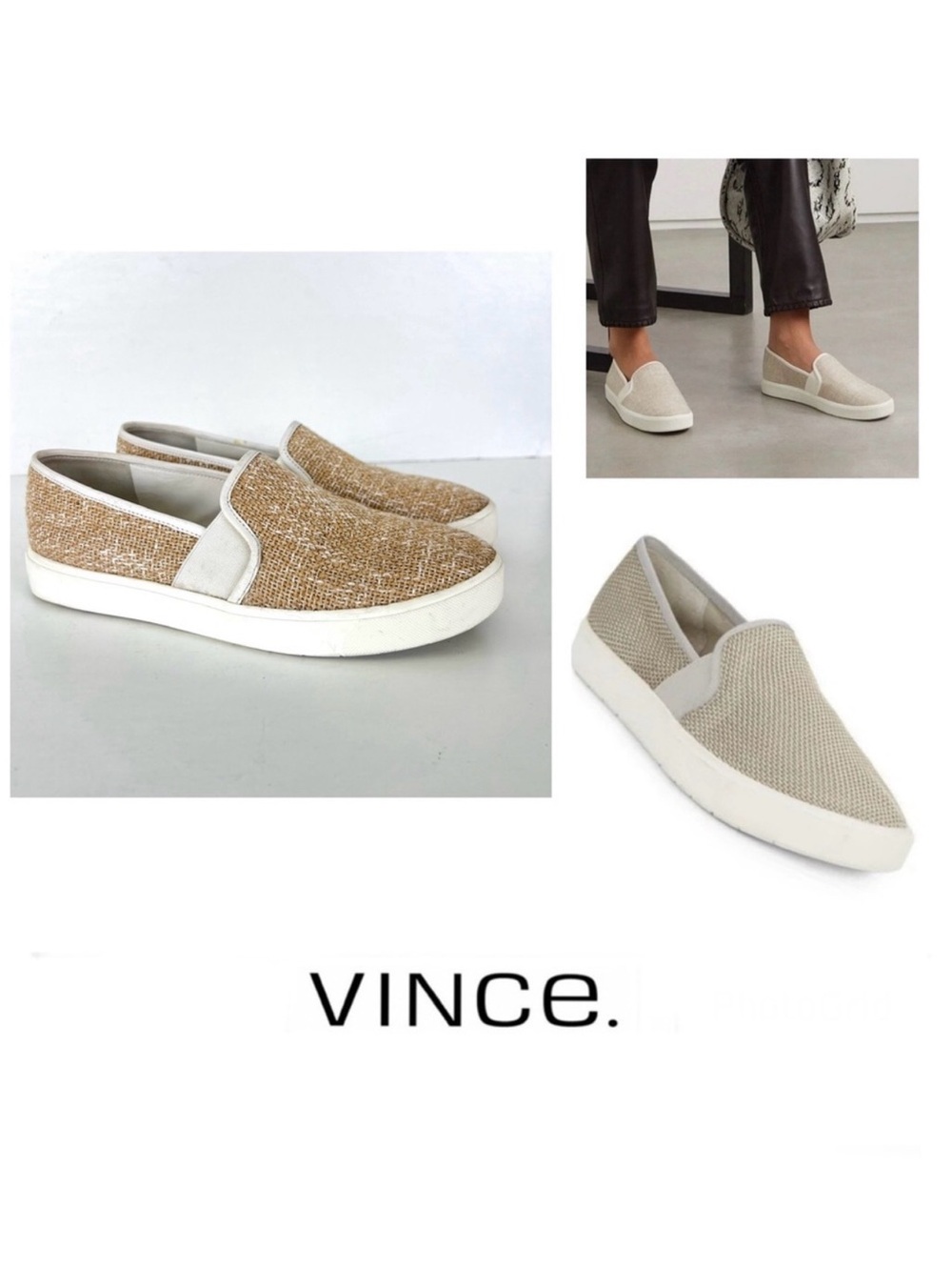 VINCE Blair 5 Beige Goring Canvas White Trim Slip On Flat Sneakers Sz 38 / 8